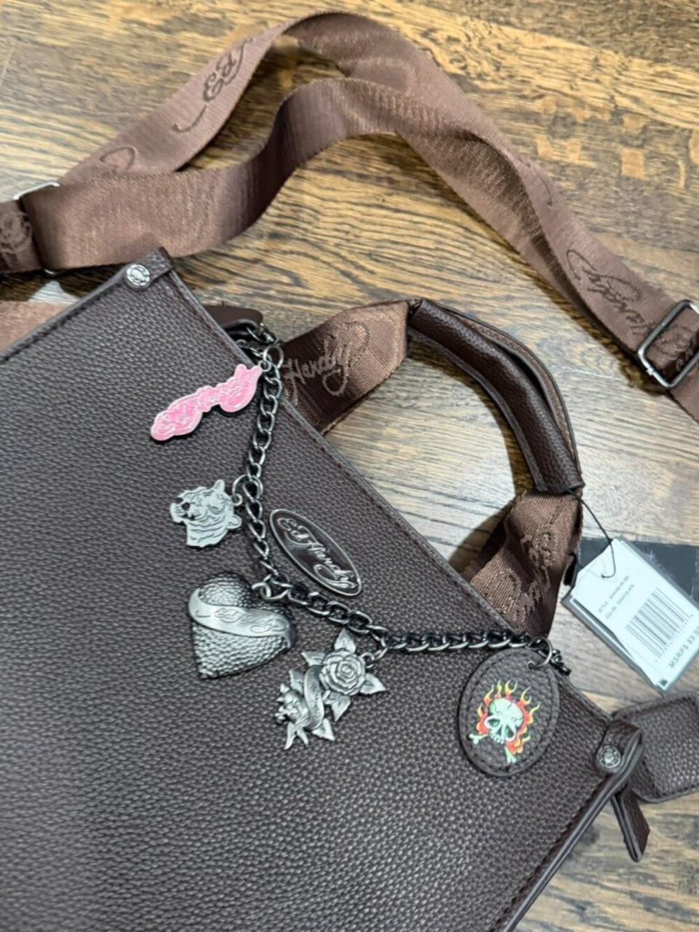brown leather ed hardy shoulder bag with multiple charms tote y2k NWT - Picture 4 of 8